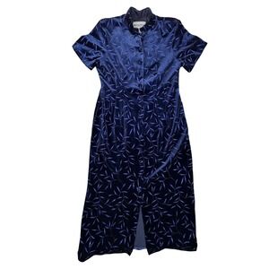 Another Thyme VTG 80s 90s Blue Velvet Glitter Leaf Maxi Dress Sz 18 Whimsigoth